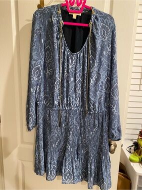 Michael Kors Blue Paisley Long Sleeve Drop Waist Dress with Gold Accents